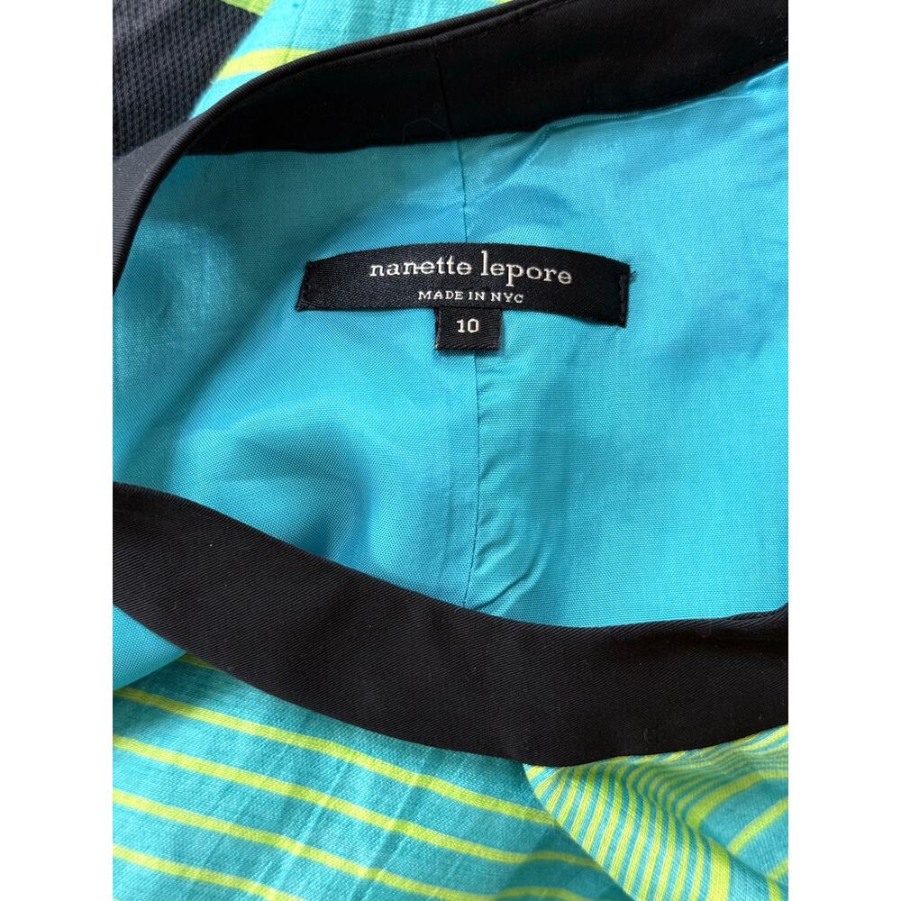 NANETTE LEPORE kiwi green blue striped Y2K Bogatelle linen blend hi lo dress - Picture 10 of 11